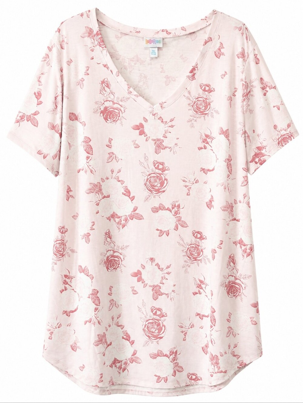 LuLaRoe Pink Floral Roses V-Neck Short Sleeve Shirt Size XL